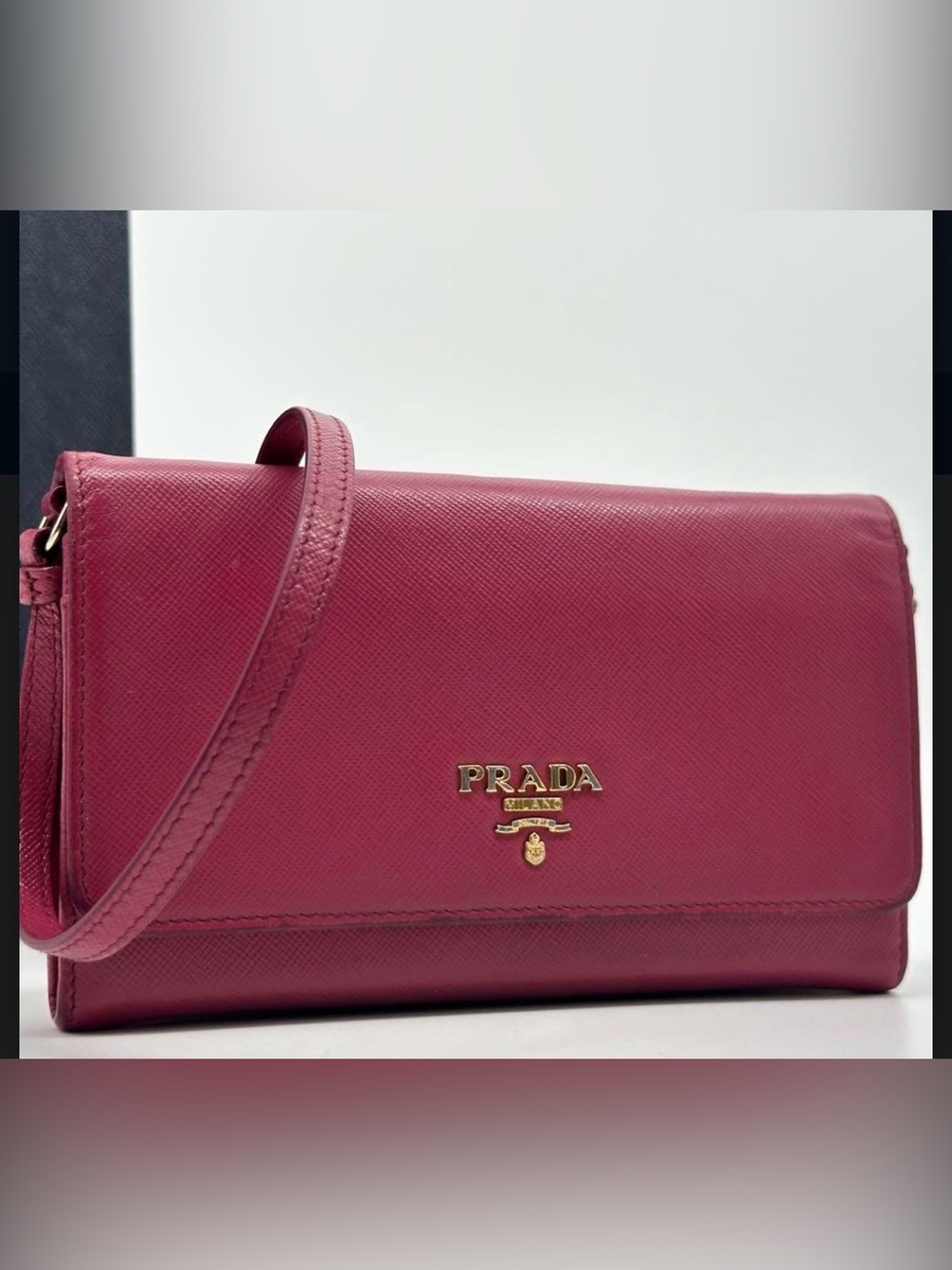 Prada Saffiano Leather Wallet on Chain Crossbody Bag Pink Fuchsia WOC Gold Logo